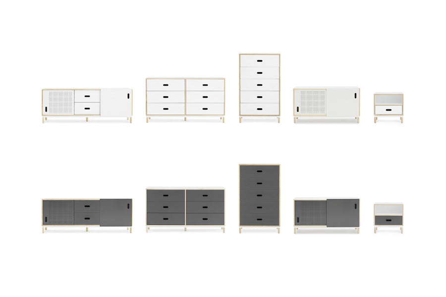 Kabino Bedside Table by Normann Copenhagen, showing front view of kabino bedside tables in white & grey powder coated aluminum.