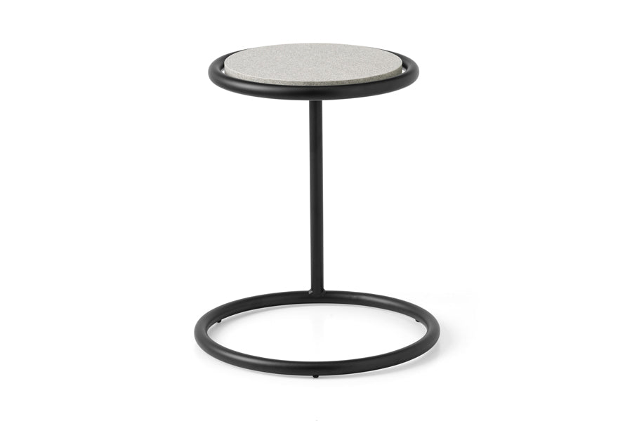Kangoo Side Table by Connubia, showing front view of kangoo side table in 16.38" high/black metal frame/piasentina stone melamine top.