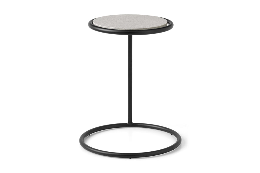 Kangoo Side Table by Connubia, showing front view of kangoo side table in 21.13" high/black metal frame/piasentina stone melamine top.