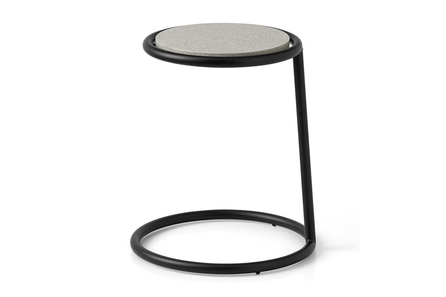 Kangoo Side Table by Connubia, showing side view of kangoo side table in 16.38" high/black metal frame/piasentina stone melamine top.