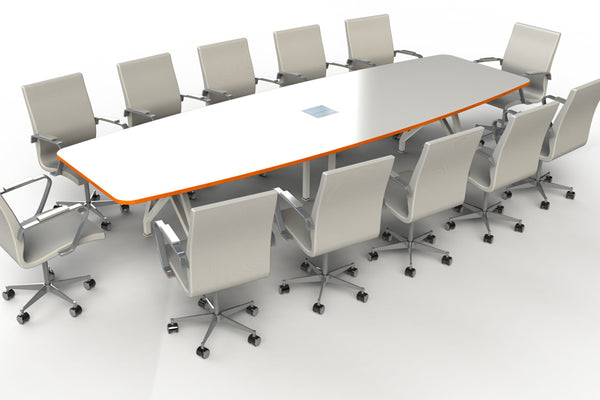 Kayak Conference Table by Scale 1:1, showing kayak conference table with chairs in studio shot.