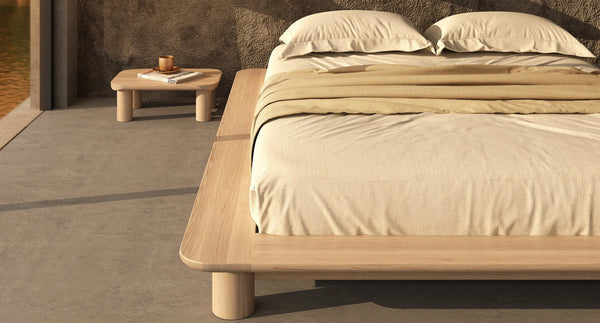 Kiral Platform Bed by Sun at Six, showing kiral platform bed with nighstand in live shot.