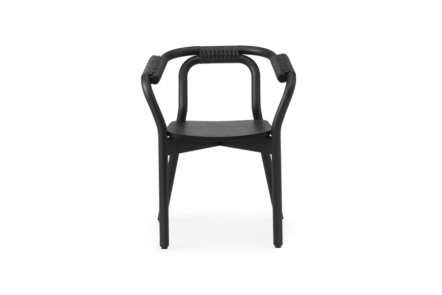 Knot Chair by Normann Copenhagen, showing front view of knot chair in black paper cord//black ash.