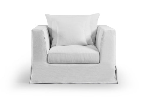 Kos Lounge Arm Chair by Harbour, showing front view of kos lounge arm chair in white linen fabric.