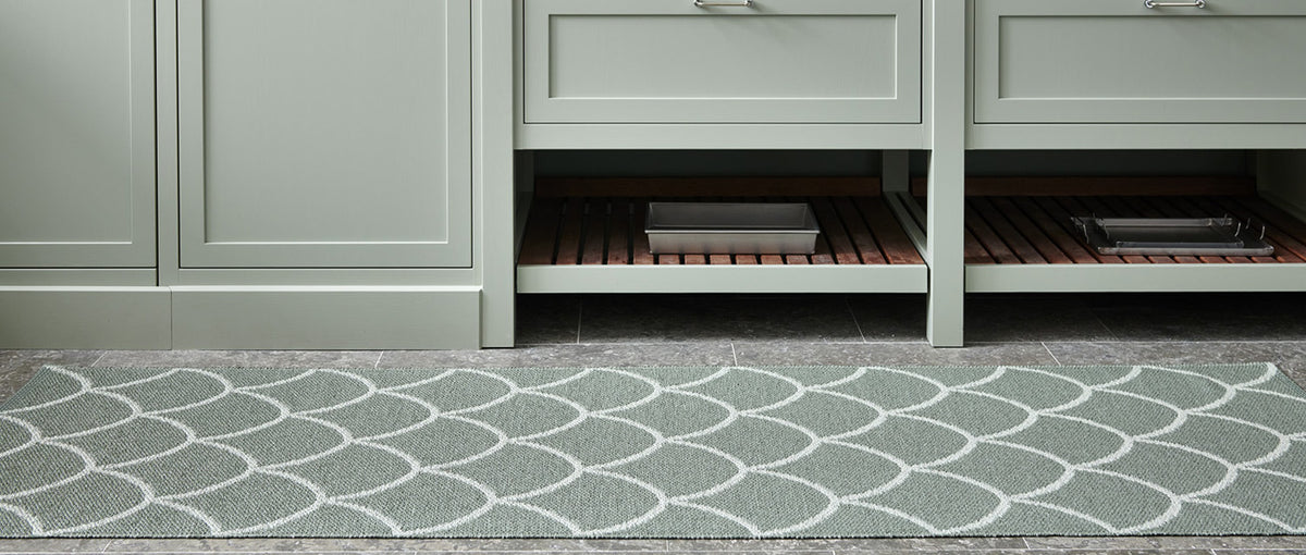 Kotte Army & Sage Runner Rug by Pappelina, showing of kotte army & sage runner rug in live shot.