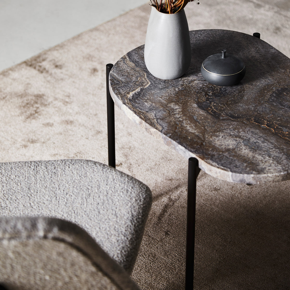 La Terra Occasional Table by Woud, showing closeup view of la terra occasional table in live shot.