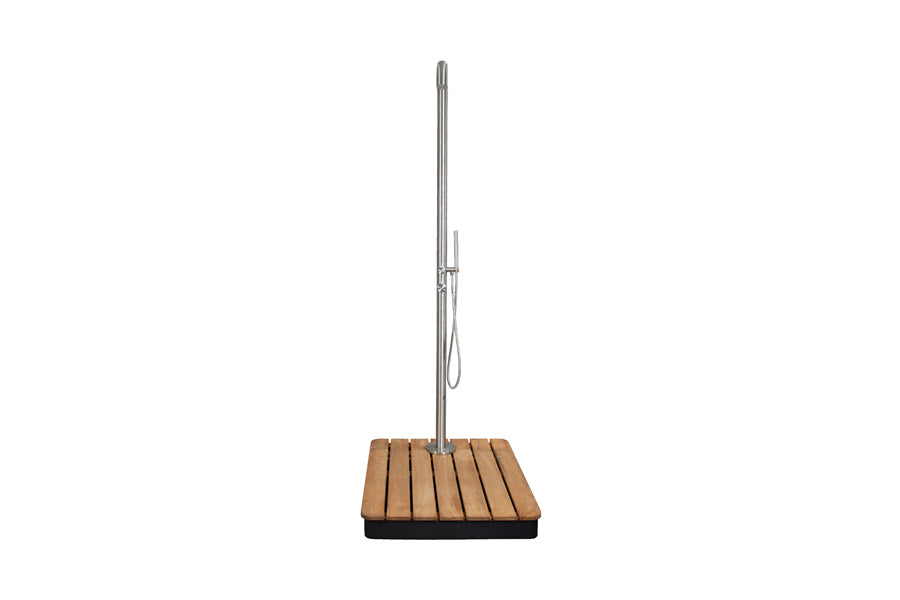 Lagoon Outdoor Stainless Steel Shower by Cane-Line , showing front view of lagoon outdoor stainless steel shower with teak wood base.
