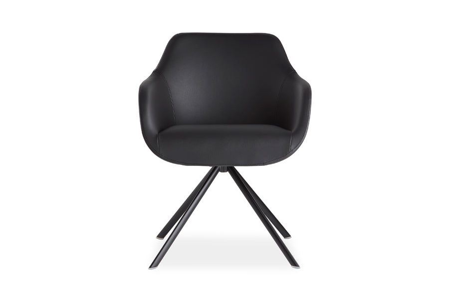 Lamy Ellipse Swivel Metal Chair by B&T, showing front view of lamy ellipse swivel metal chair in black bugatti eco-leather + black RAL base.