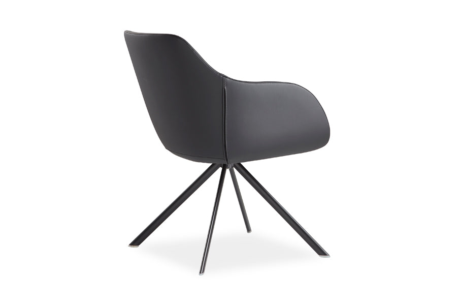 Lamy Ellipse Swivel Metal Chair by B&T, showing back angle view of lamy ellipse swivel metal chair in black bugatti eco-leather + black RAL base.