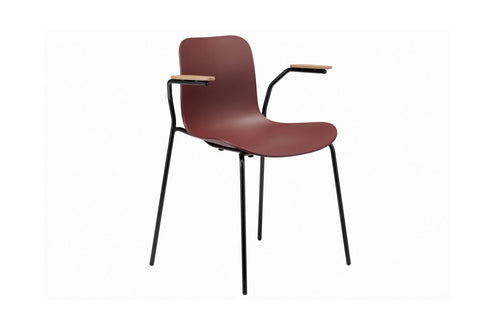 Langue Stack Armrest Soft Steel Dining Chair by Norr11 - Natural Oak Armrest, Burgundy Plastic.