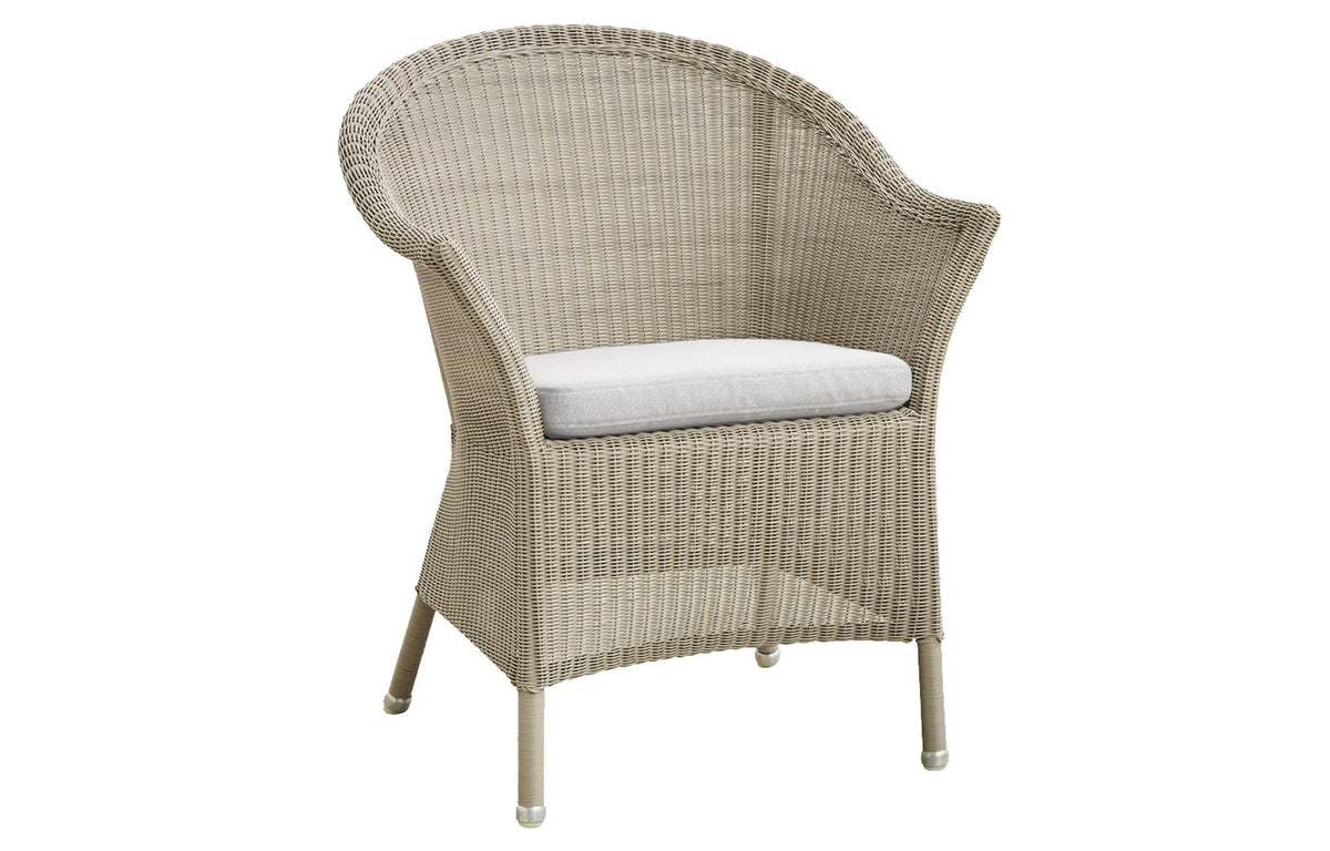 Lansing Dining Armchair by Cane-Line - Taupe Fiber Weave, Light Grey Natte Seat Cushion.