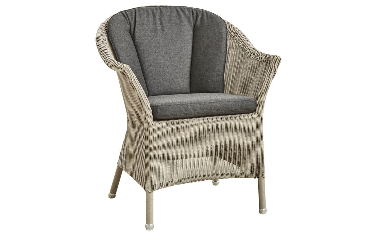 Lansing Dining Armchair by Cane-Line - Taupe Fiber Weave, Black Natte Seat/Back Cushion Set.