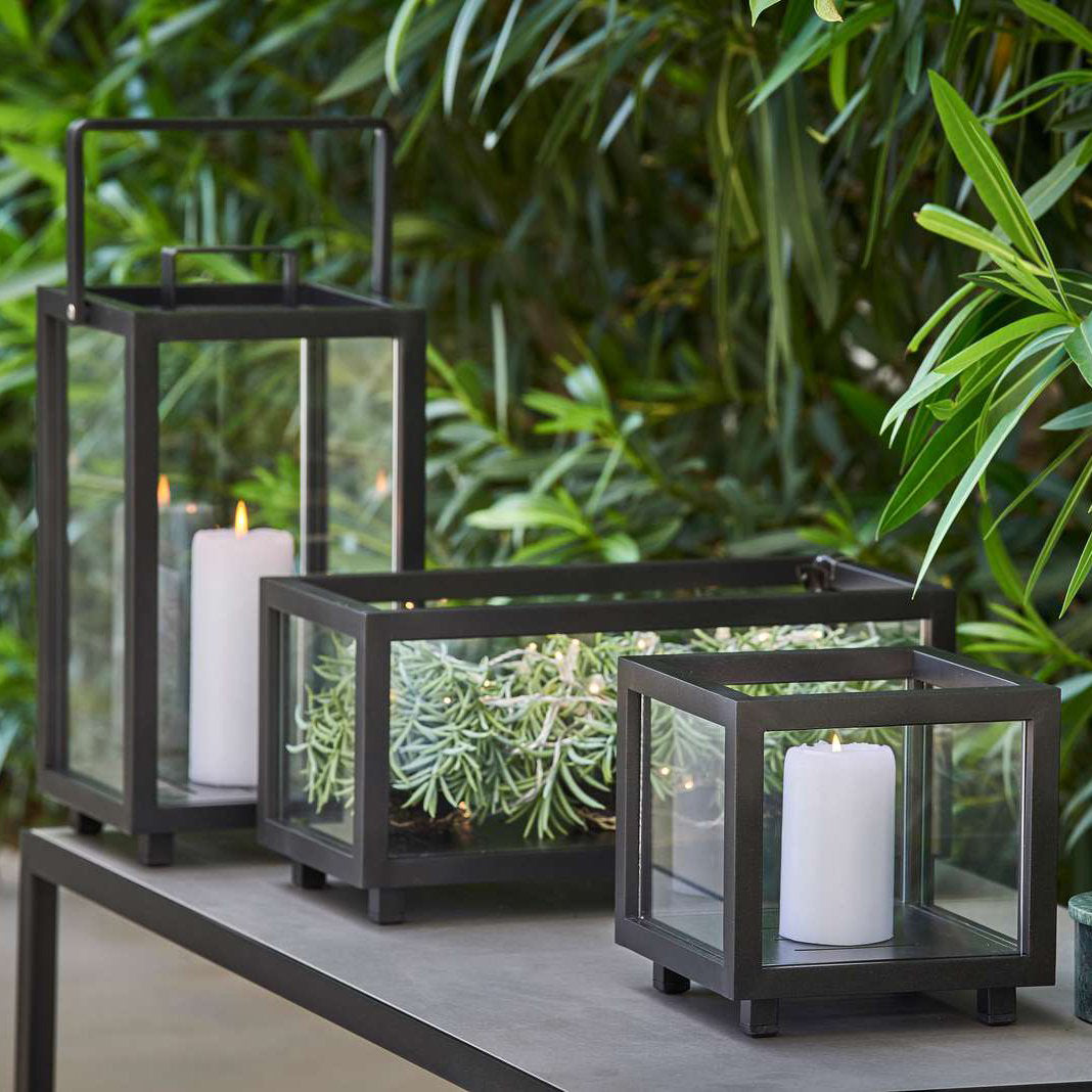 Lava Grey Aluminium Lightbox by Cane-Line, showing lava grey aluminum lightboxes in live shot.