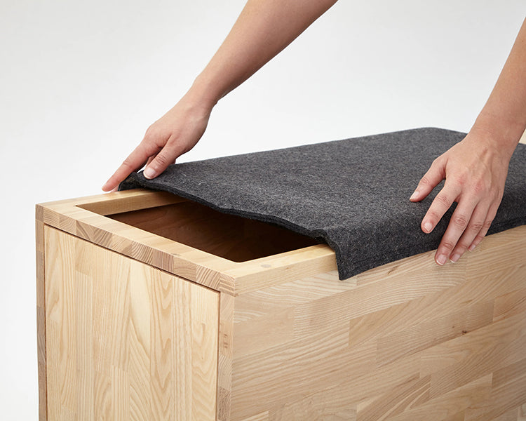 Storage Bench by MASHstudios, showing closeup view of lax storage bench in live shot.