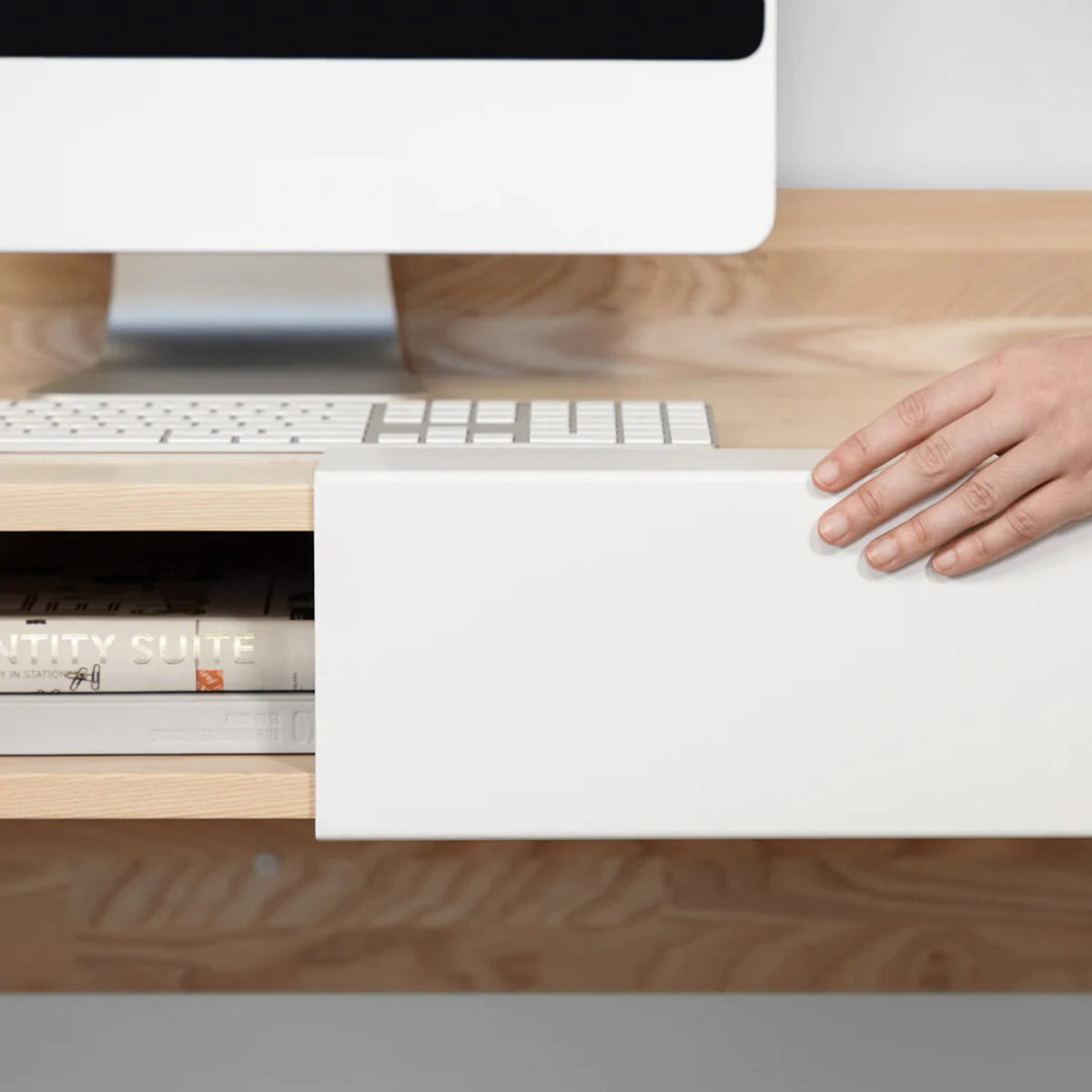 LAX Wall Mounted Desk by MASHstudios, showing closeup view of lax wall mounted desk in live shot.
