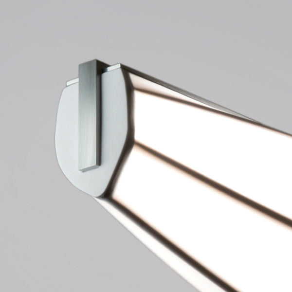 Lenis LED Linear Pendant by Cerno, showing closeup view of lenis led linear pendant in brushed aluminum metal.