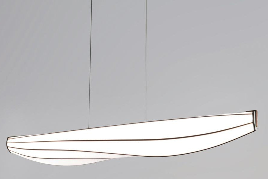 Lenis LED Linear Pendant by Cerno, showing angle view of lenis led linear pendant in walnut wood.