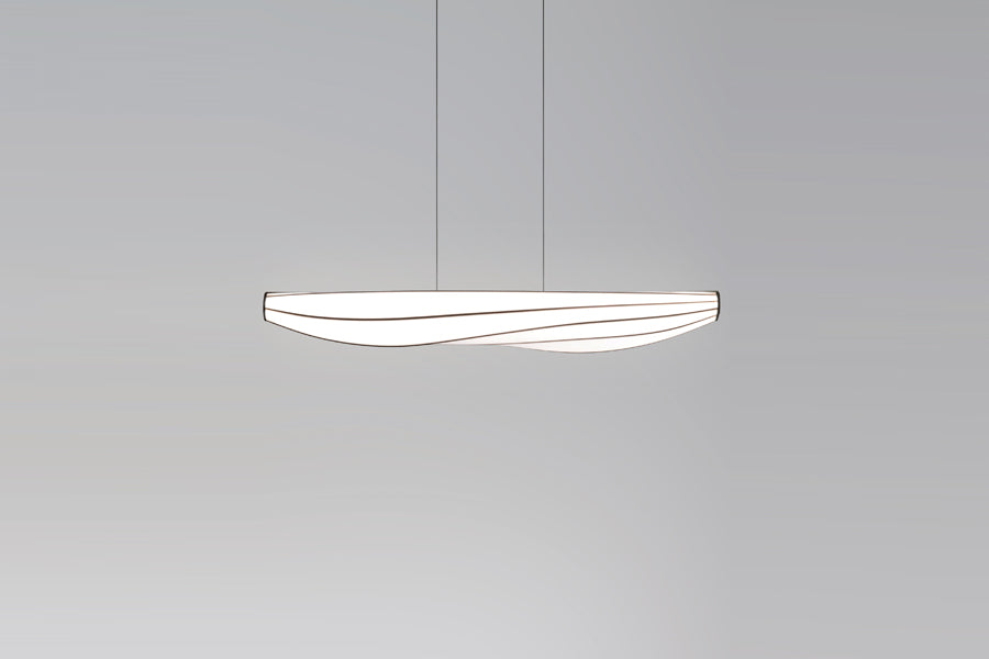 Lenis LED Linear Pendant by Cerno, showing front view of lenis led linear pendant in walnut wood.