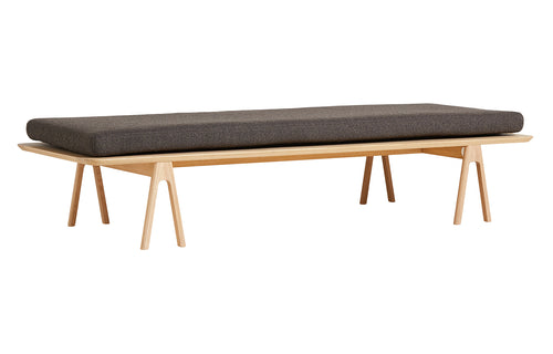 Level Daybed by Woud - White Pigmented Solid Oak, Dark Brown Alpine Boucle Fabric.