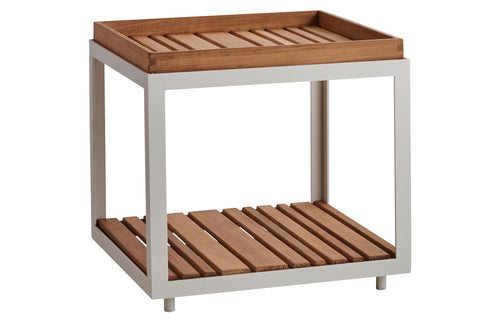 Level Coffee Table by Cane-Line - Small Square, White Powder Coated Aluminum, Teak Wood.