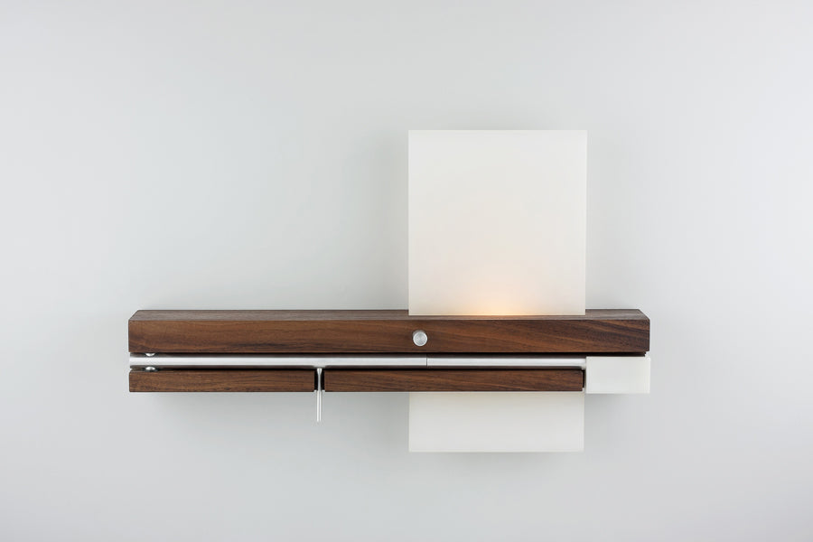 Levo LED Wall Sconce / Reading Light by Cerno, showing front view of right levo off mode led wall sconce/reading light in live shot.
