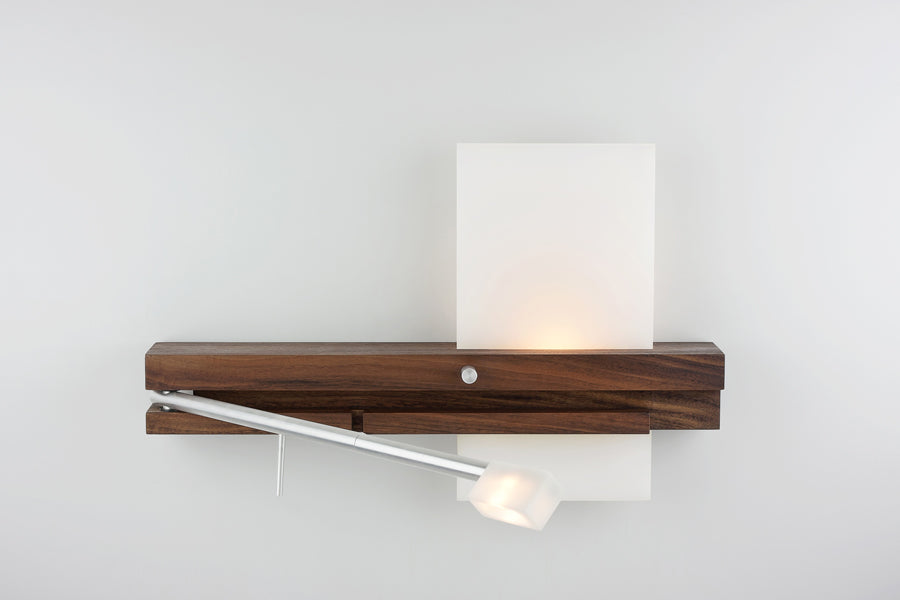 Levo LED Wall Sconce / Reading Light by Cerno, showing front view of right levo one mode led wall sconce/reading light in live shot.