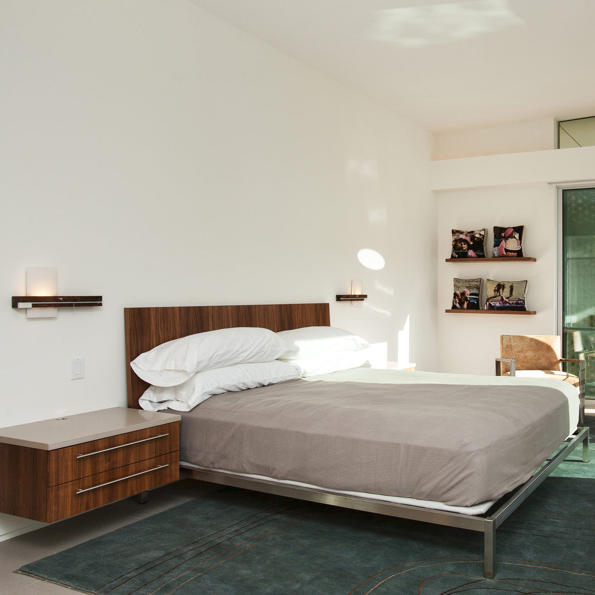 Levo LED Wall Sconce / Reading Light by Cerno, showing levo led wall sconce/reading lights with bed in live shot.
