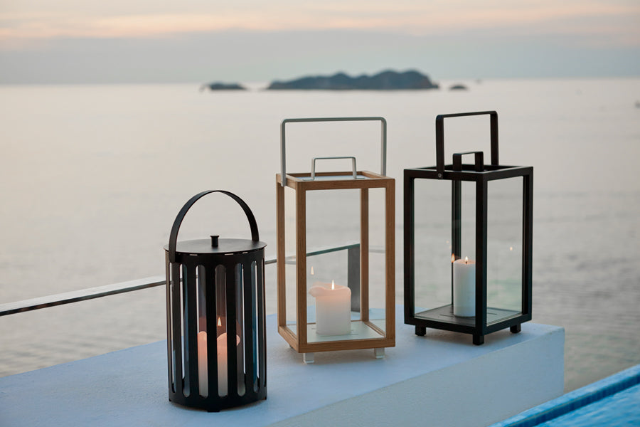 Lighttube Round Lantern by Cane-Line, showing lightube round lantern in live shot.