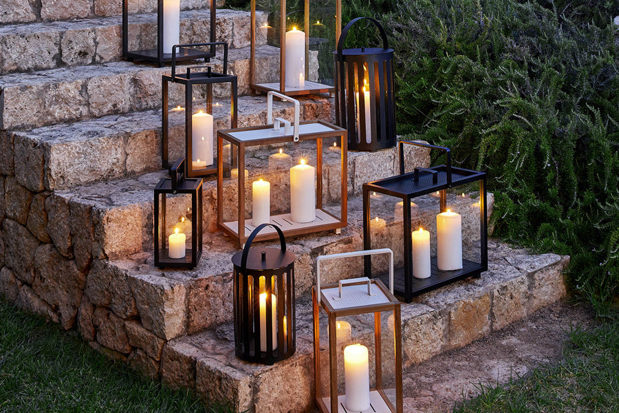 Lighttube Round Lantern by Cane-Line, showing lightube round lanterns in live shot.