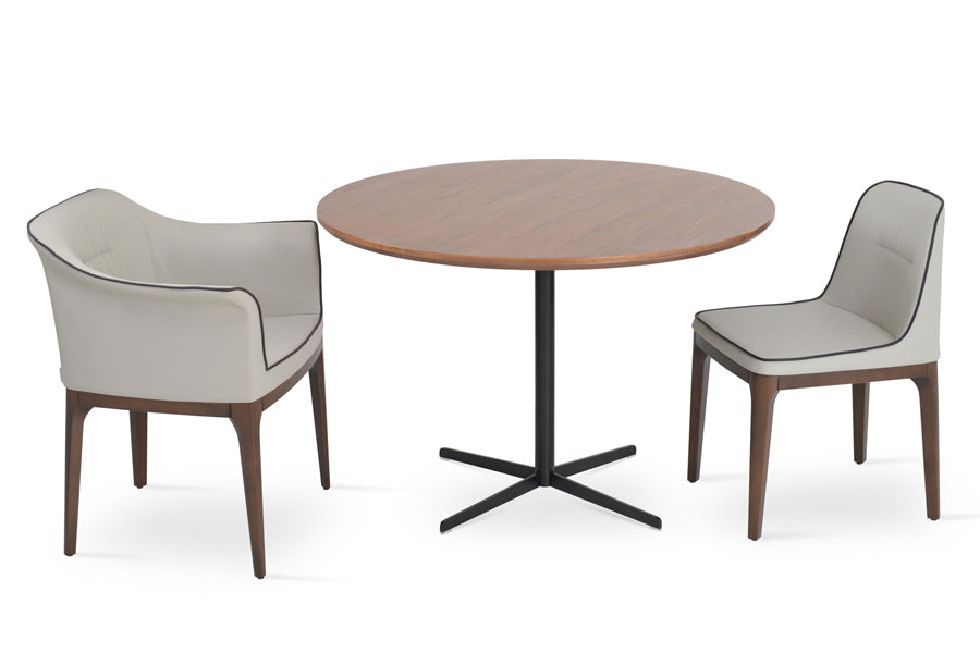 London Arm Wood Chair by Sohoconcept, showing london arm wood chair in light grey leatherette with brown leatherette piping & diana walnut dining table.