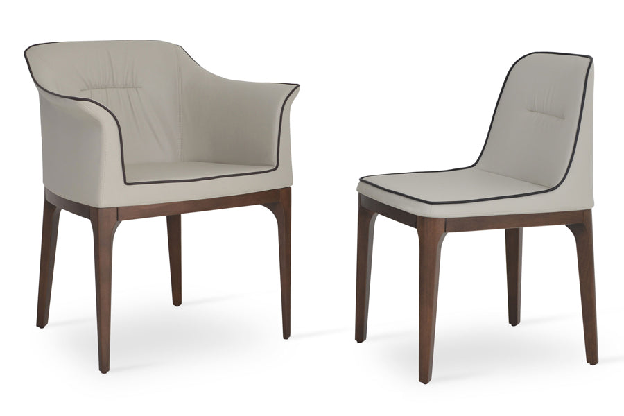 London Arm Wood Chair by Sohoconcept, showing london arm wood chair & wood chair in light grey leatherette with black leatherette piping & beech walnut base.