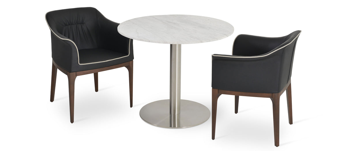 London Arm Wood Chair by Sohoconcept, showing london arm wood chair in black leatherette with white leatherette piping & tango marble dining table.
