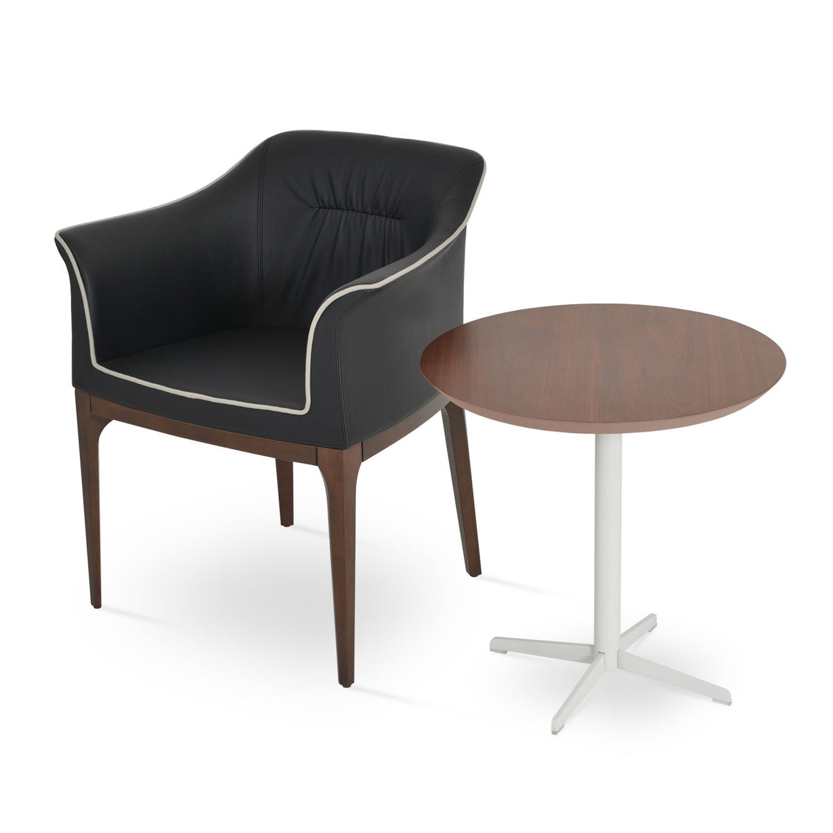 London Arm Wood Chair by Sohoconcept, showing london arm wood chair in black leatherette with white leatherette piping & diana walnut end table.