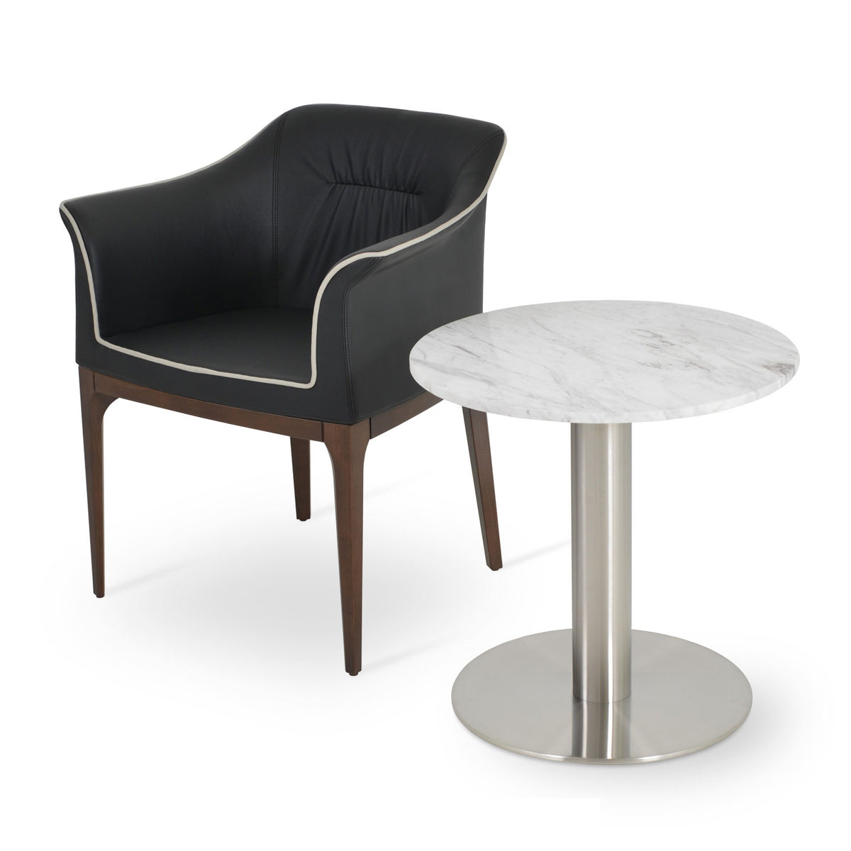 London Arm Wood Chair by Sohoconcept, showing london arm wood chair in black leatherette with white leatherette piping & diana marble end table.