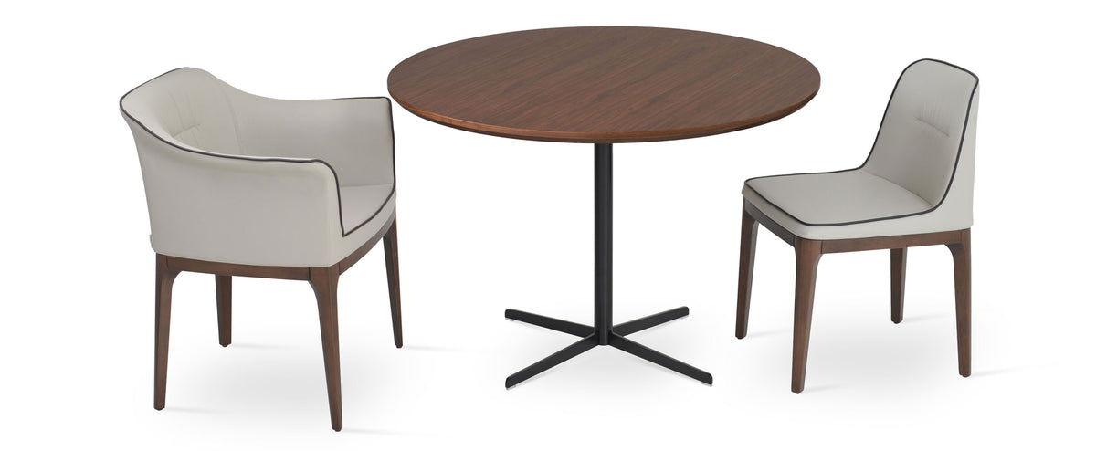London Dining Chair by Sohoconcept, showing london dining chair & arm chair in light grey leatherette with black leatherette piping & diana walnut dining table with black powder base.