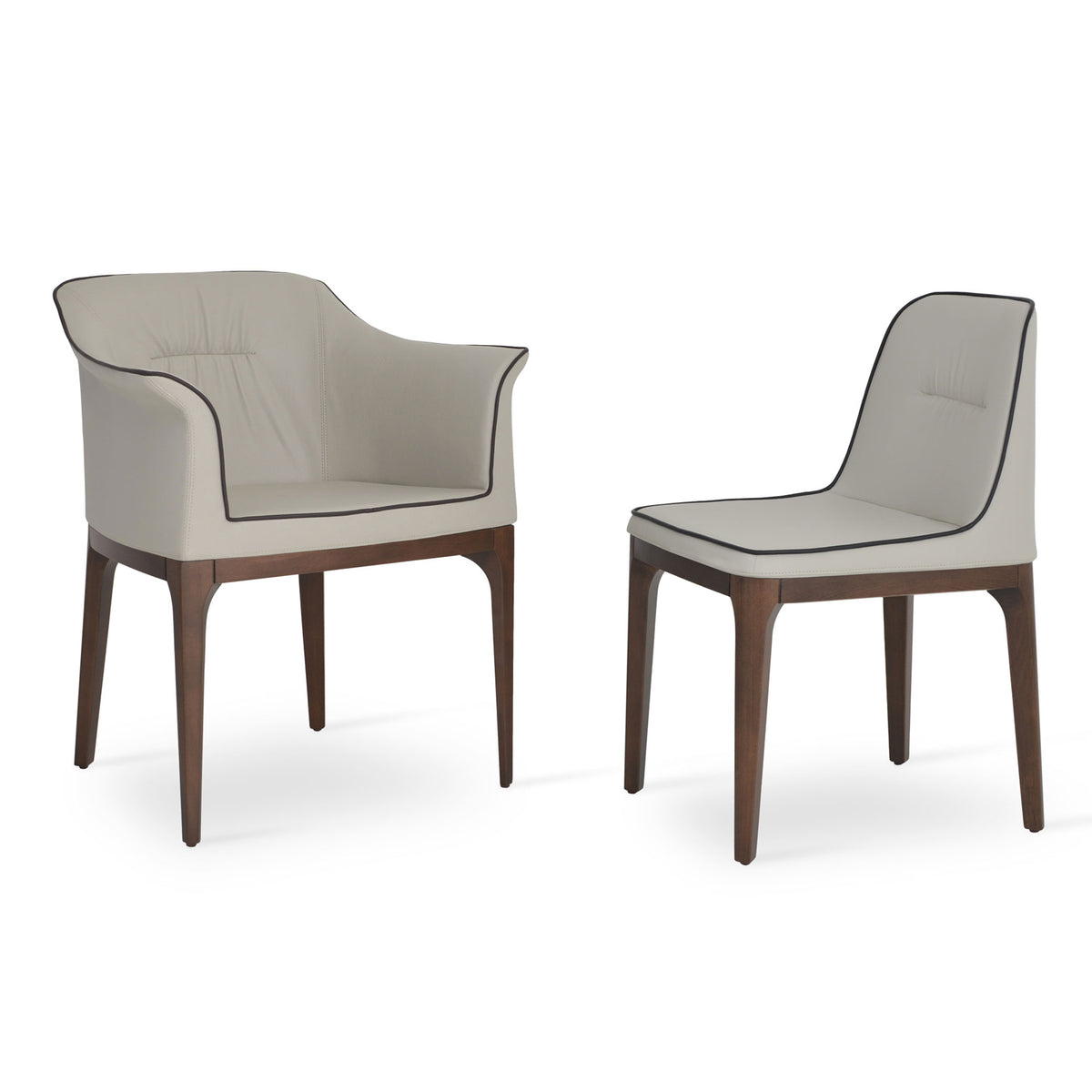 London Dining Chair by Sohoconcept, showing london dining chair & arm chair in grey leatherette with black leatherette piping.