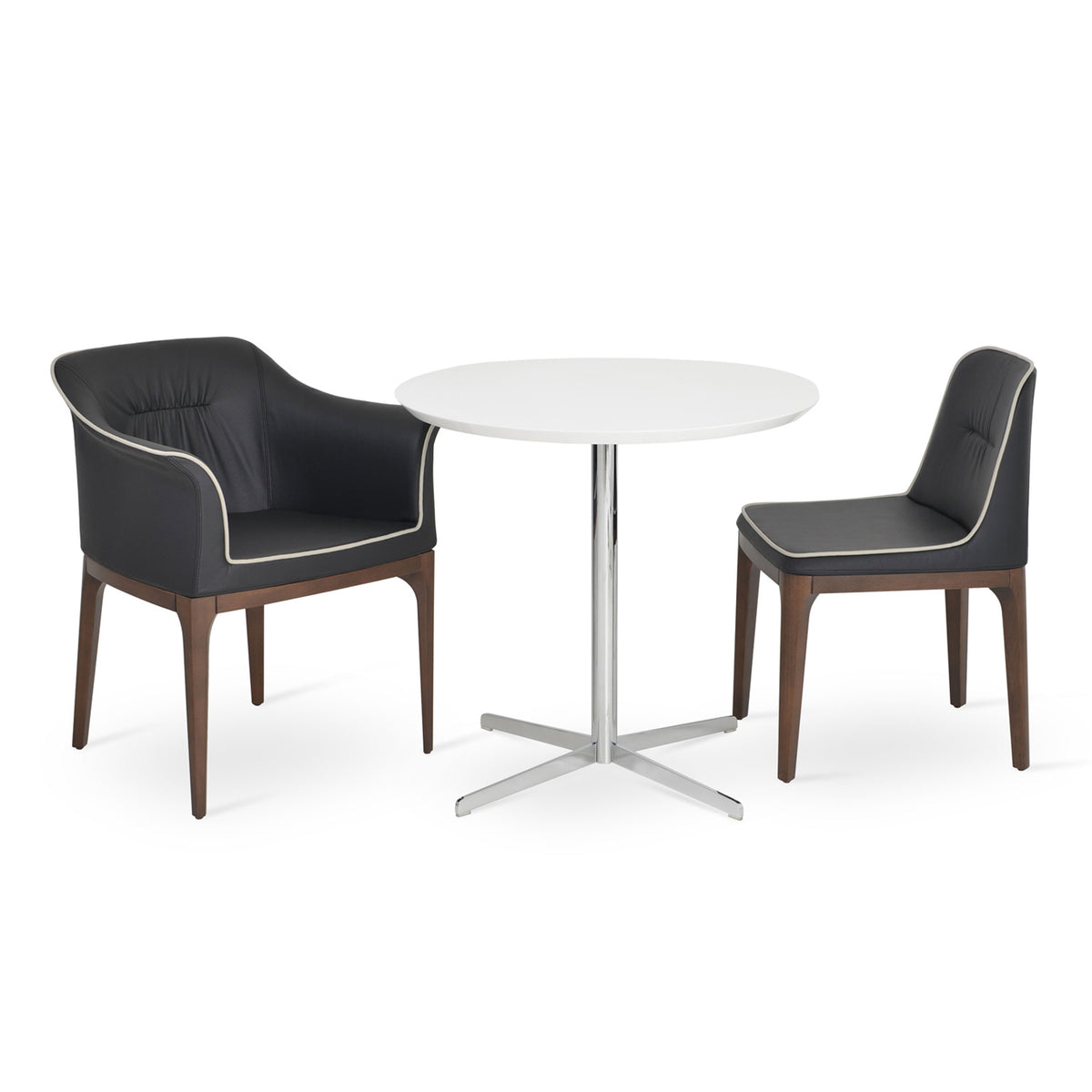 London Dining Chair by Sohoconcept, showing london dining chair & arm chair in black leatherette with grey leatherette piping & diana white lacquer dining table.