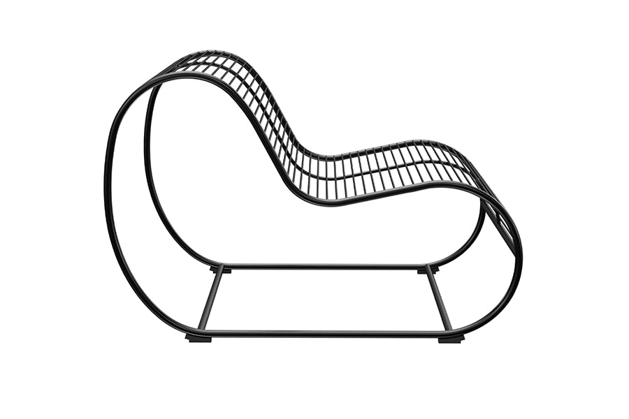 Loop Lounge Chair by Bend, showing side view of loop lounge chair in black metal frame.
