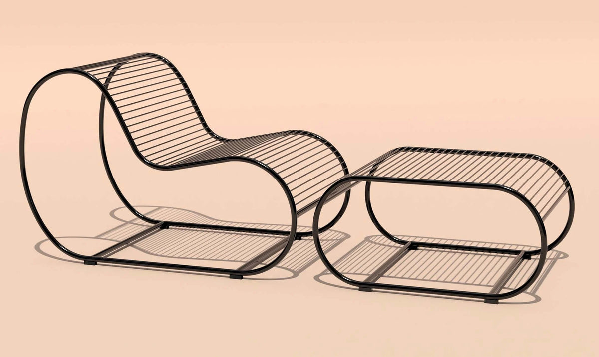 Loop Ottoman by Bend, showing loop ottoman with lounge chair in live shot.
