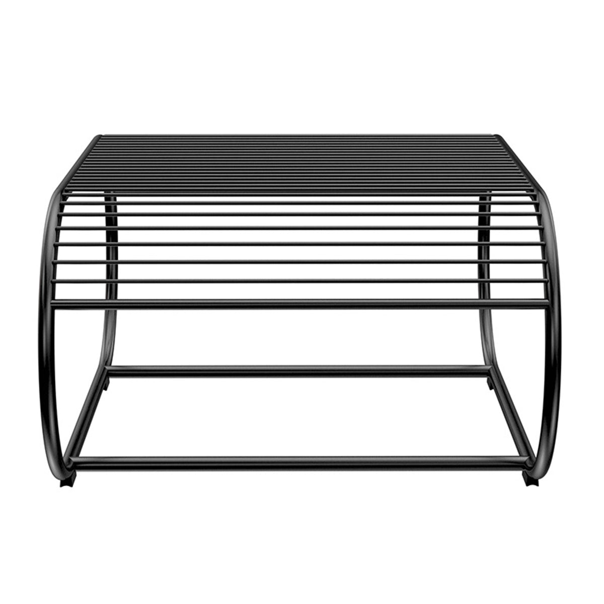 Loop Ottoman by Bend, showing front view of loop ottoman in black metal frame.