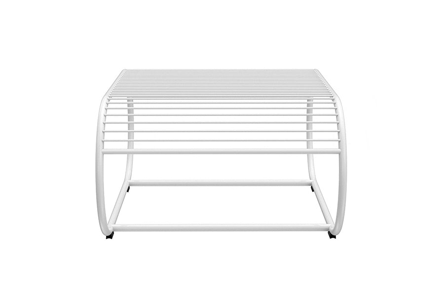 Loop Ottoman by Bend, showing front view of loop ottoman in white metal frame.