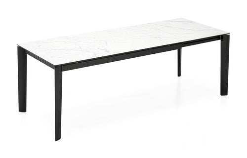 Lord Large Extending Table by Connubia - Black Metal Legs + Frame, White Alpi Marble Ceramic-Glass Top + Extension.