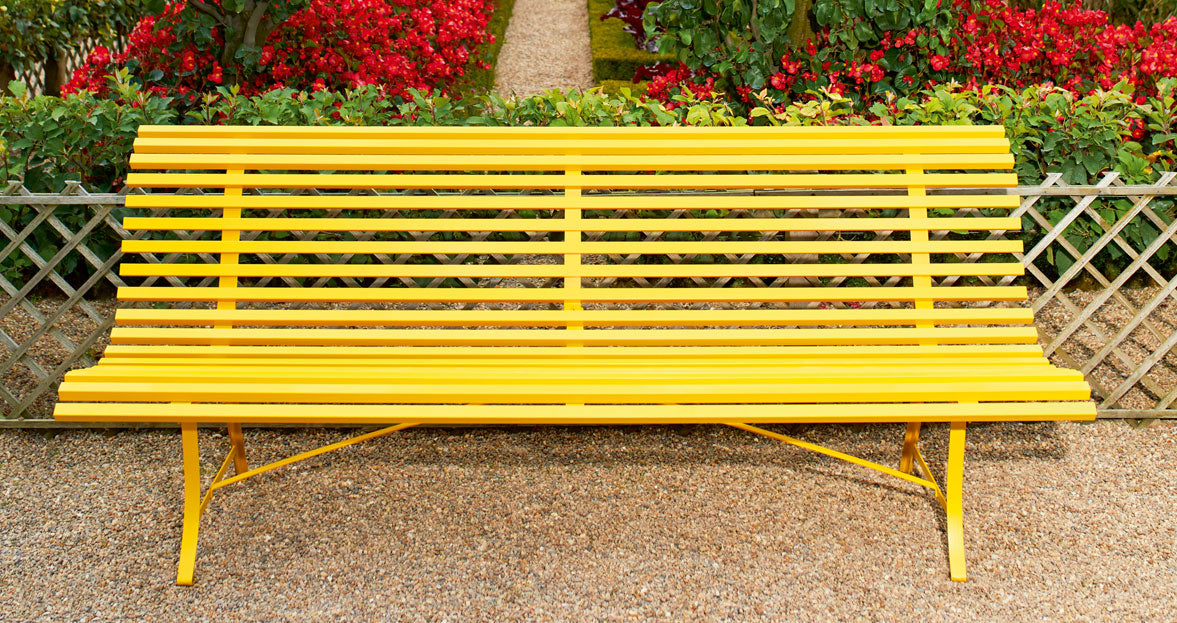 Louisiane Bench by Fermob, showing front veiw of louisiane bench in the live shot.