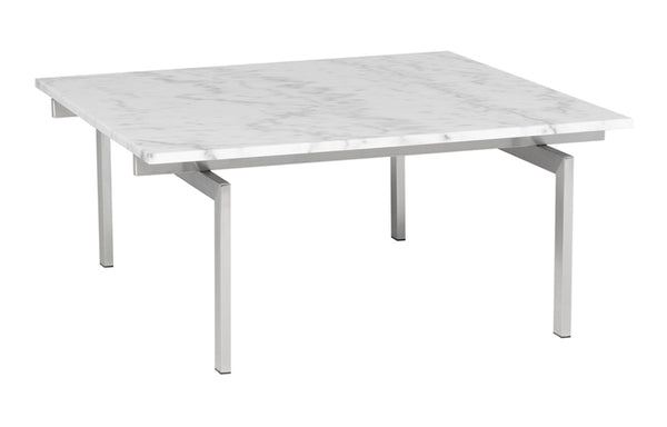Louve Coffee Table by Nuevo - Small/Brushed Stainless Steel Base + White Marble Top.