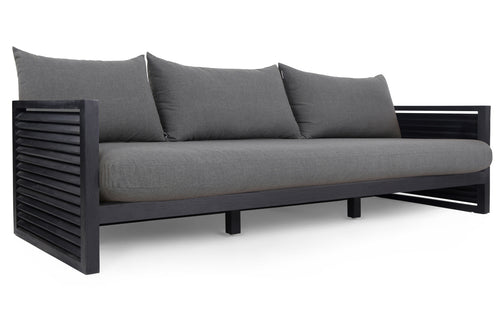Louver Three Seat Sofa by Harbour - Burnt Charcoal Teak Wood + Batyline Black/Sunbrella Cast Slate.