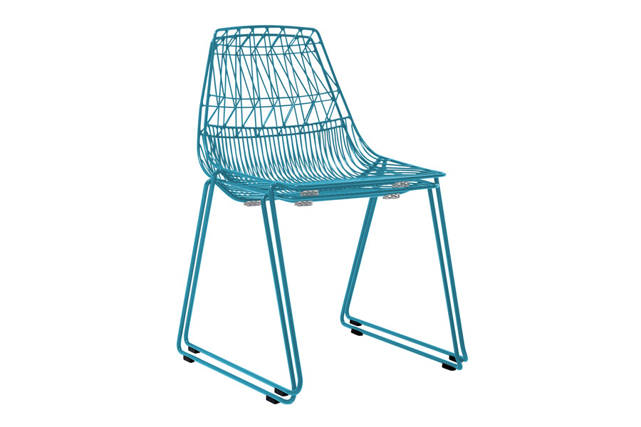Lucy Stacking Chair by Bend, showing angle view of lucy stacking chairs in peacock blue(pair) without seatpads.