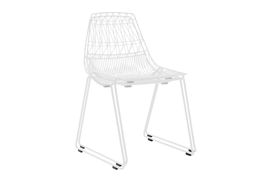 Lucy Stacking Chair by Bend, showing angle view of lucy stacking chairs in white(pair) without seatpads.