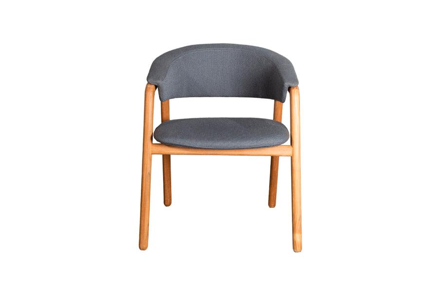 Luna Dining Chair by Cane-Line, showing front view of luna dining chair in teak wood/grey airtouch cushion.