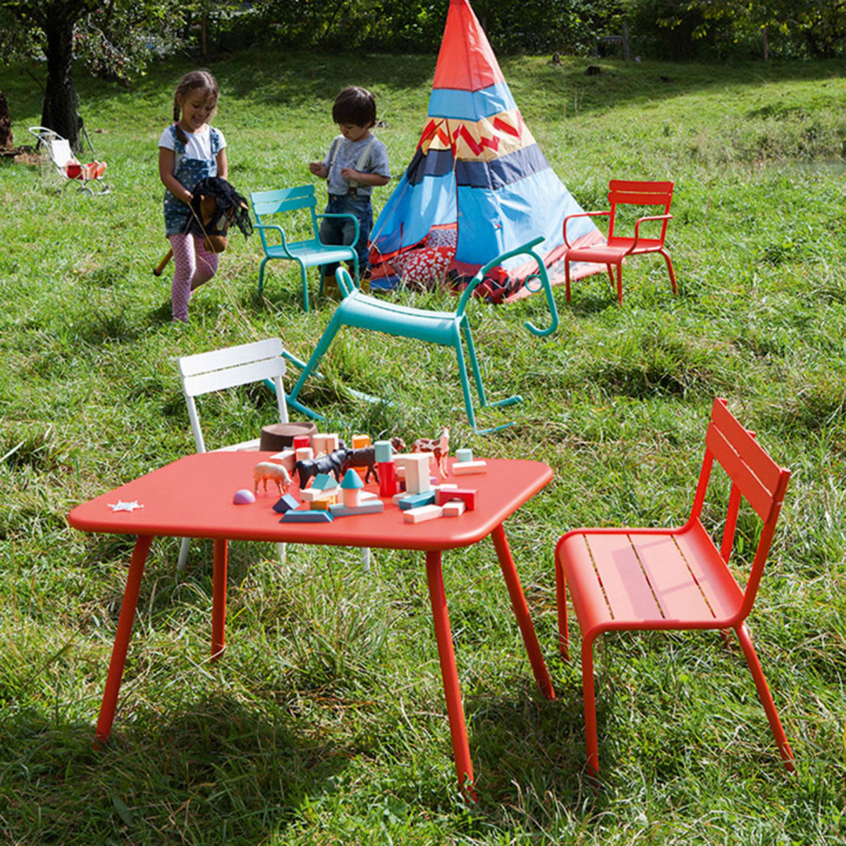 Luxembourg Kid Bench by Fermob, showing live shoot of the bench.