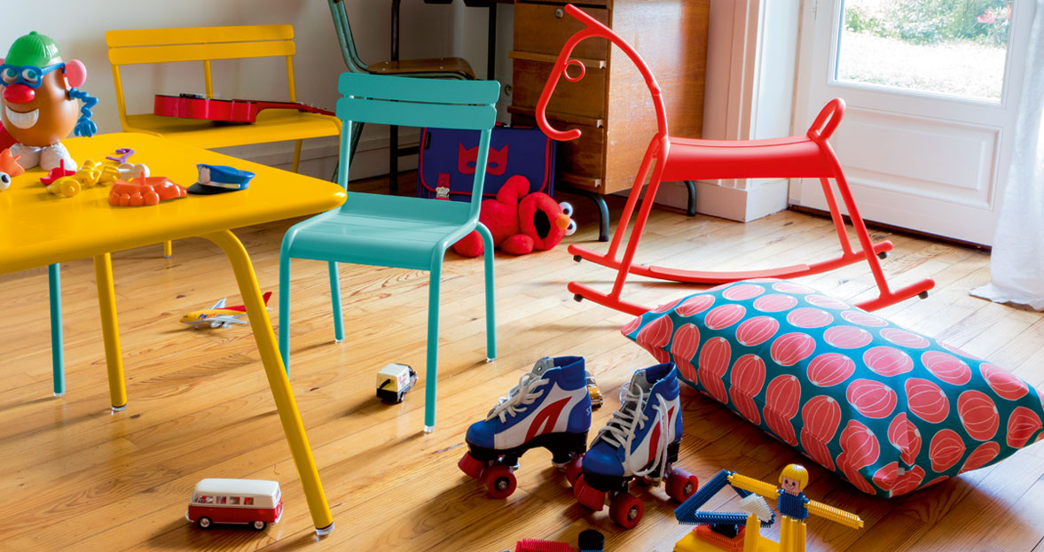 Luxembourg Kid Chair by Fermob, showing angle view of side chair in the live shot.
